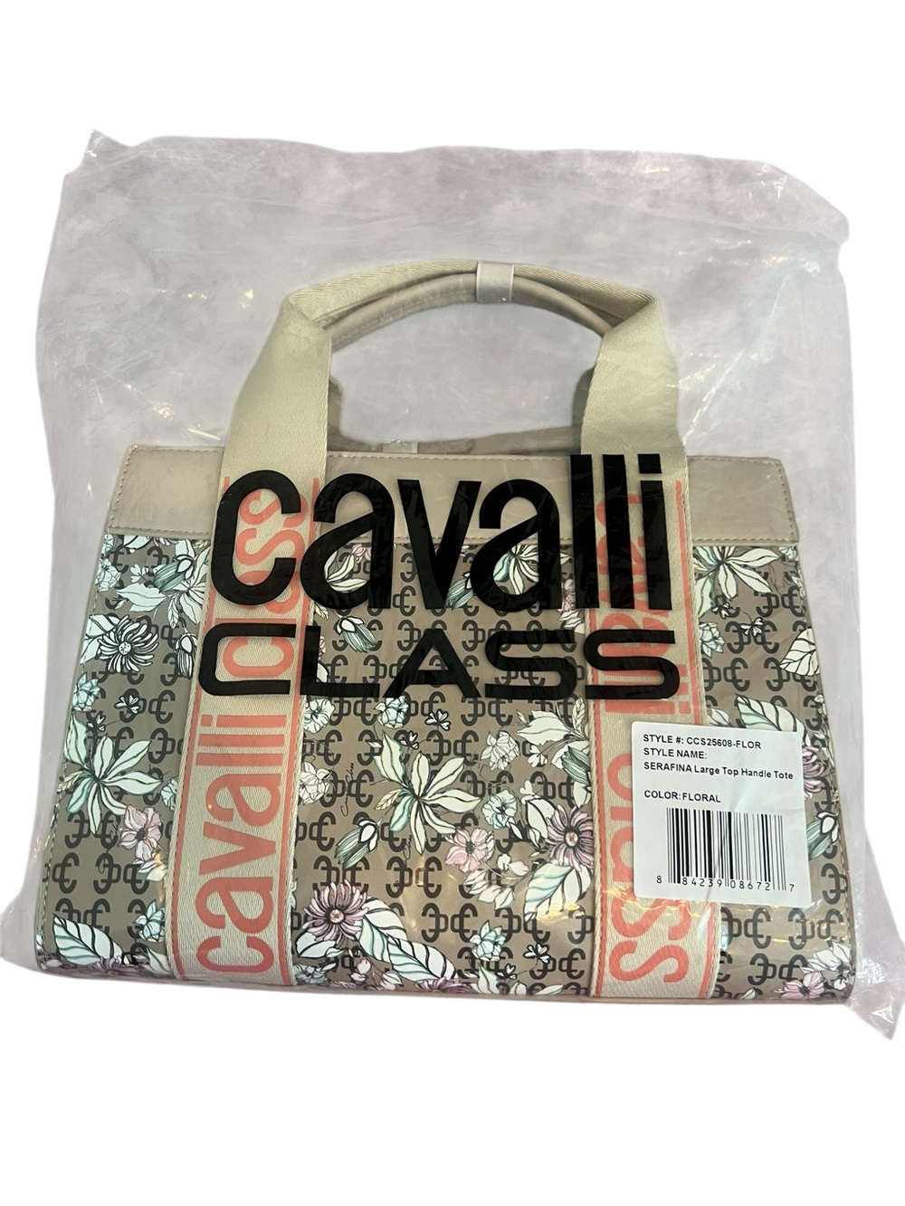NWT Cavalli Class Serena Floral Logo Tote Bag Beige Cream - Picture 14 of 14